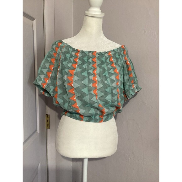 Anthropologie Feather Bone Demetria Smocked Cropped Top Blue Orange Stripe S - Picture 2 of 8